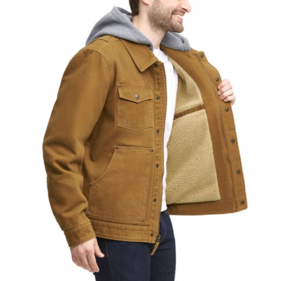 Men's Levi's Levis Hooded Trucker Jacket Light Brown Sherpa Lined Size M BNWT - Picture 2 of 5